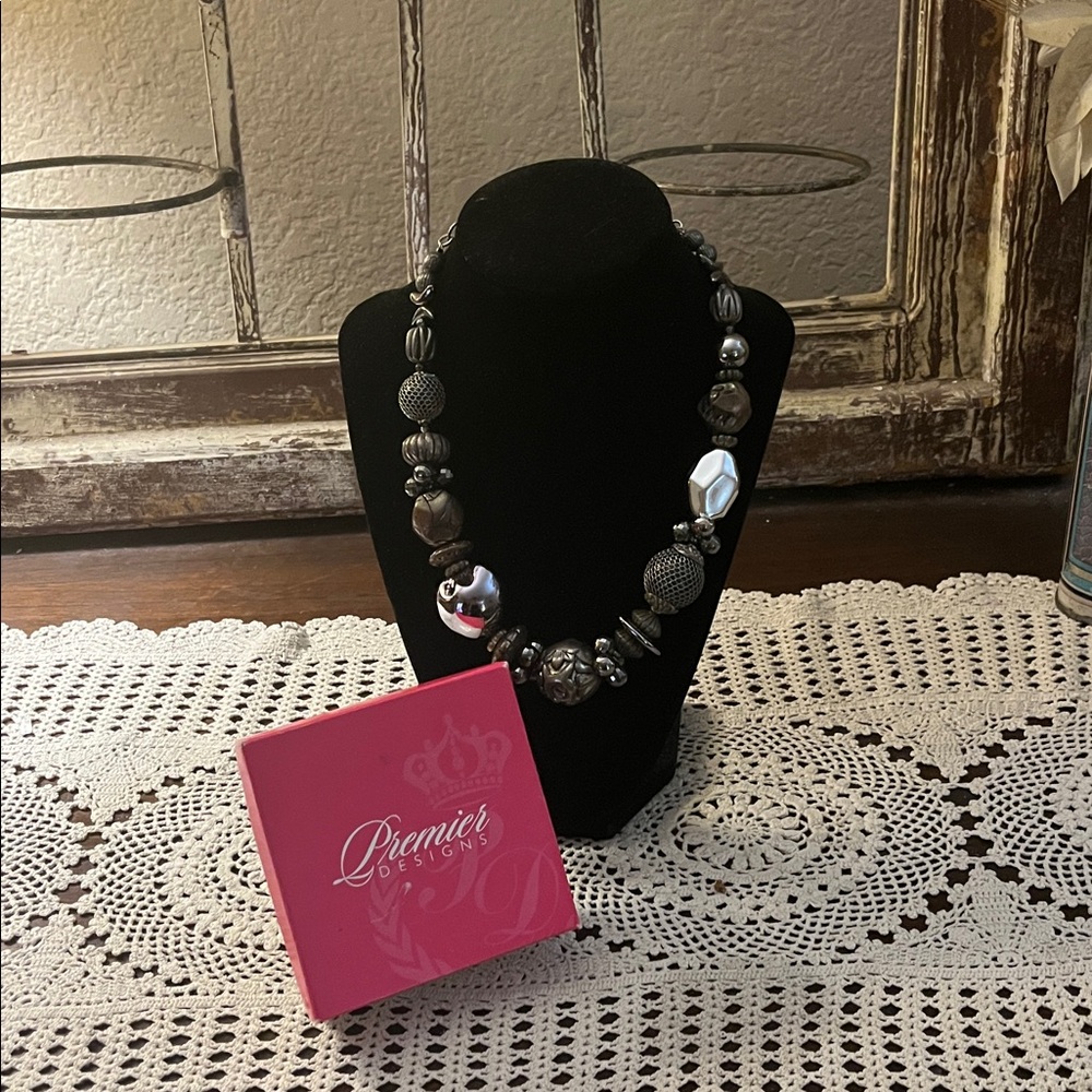 Elegant Black and Silver Beaded Necklace, Brand Premier , Beaded Silvertone